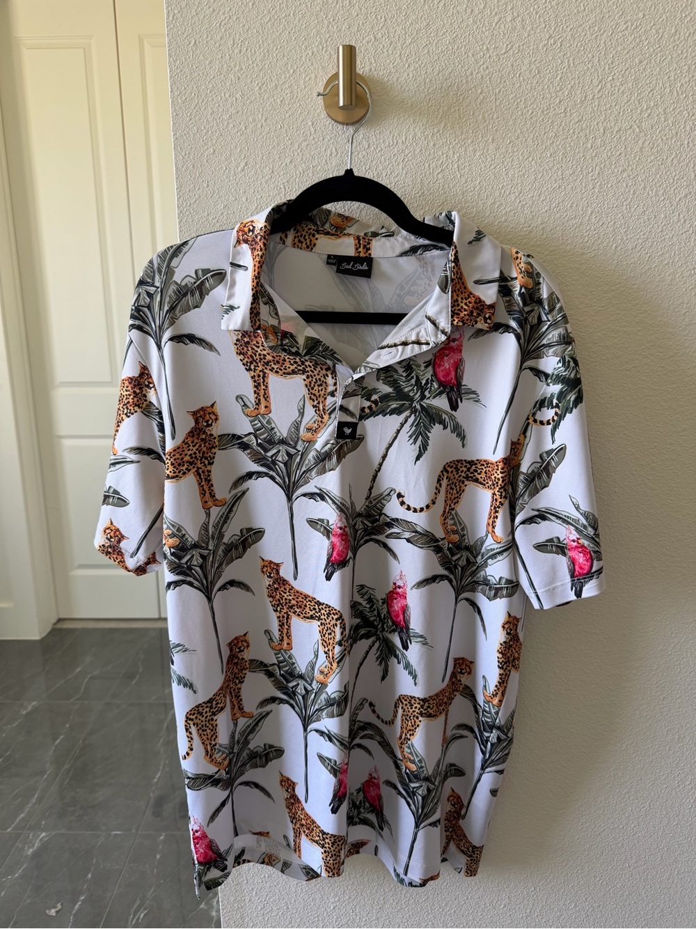 Bad Birdie Leopard Golf Polo / Size L / Palm Tree Colorful Golf Tee